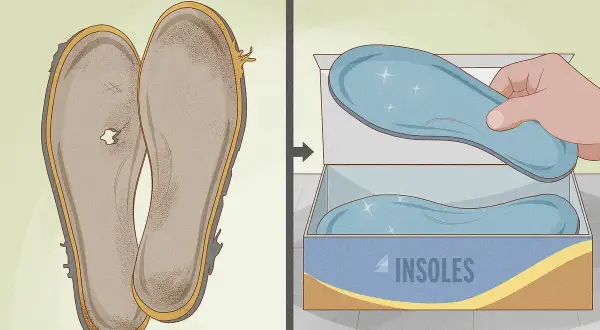 Solette usurate e bucate a sinistra, solette nuove e brillanti in una scatola a destra. Impara come lavare le solette delle scarpe per farle sembrare nuove.