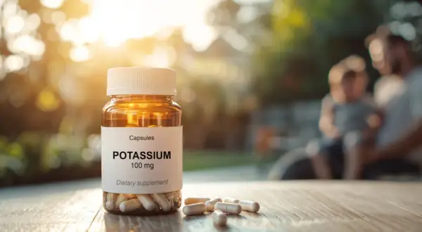 Butelka kapsułek POTASSIUM 100 mg. Czy cytrynian potasu jest szkodliwy? W tle ojciec z dzieckiem.