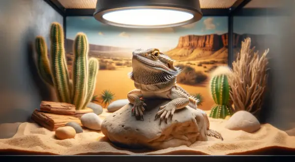 Agama brodata siedząca na kamieniu w piaskowym terrarium z kaktusami i pustynnym tłem.
