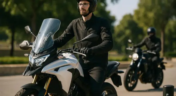 Hombre con casco y gafas en una moto blanca, listo para la aventura. Detrás, otra de las motos potentes sigue el camino.
