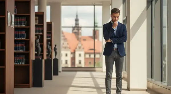 Młody prawnik w eleganckim garniturze zastanawia się, ile trwają studia prawnicze, stojąc w bibliotece z widokiem na zabytkowe budynki.