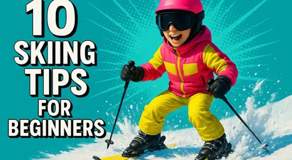 Dziecko w różowym kasku i goglach uczy się, jak jeździć na nartach. Na ekranie widnieje napis "10 Skiing Tips for Beginners".