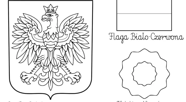 Godło Polski do druku, flaga biało-czerwona i kotylion narodowy. Kolorowanka z symbolami narodowymi.