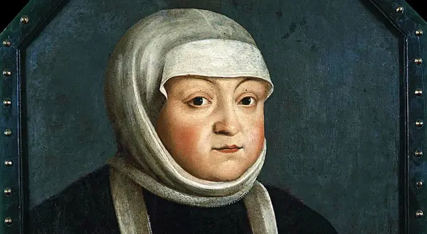 Portret królowej Bony w białym czepcu i czarnej sukni.