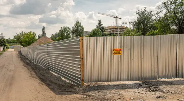 Metalowe ogrodzenie budowy, spełniające wymagania bezpieczeństwa, z tabliczką "Uwaga, wyjazd z budowy". W tle budynki i dźwigi.