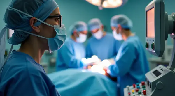 Anestezjolog zarobki: zespół medyczny podczas operacji, skupiony na pacjencie.