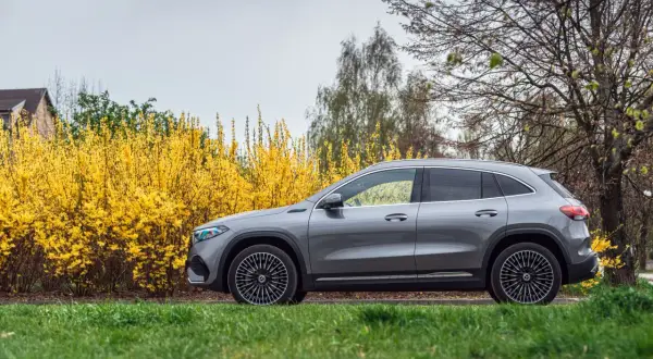 Szary Mercedes EQA na tle kwitnącej forsycji i drzew.