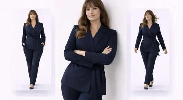 Elegancki granatowy garnitur damski z wiązaniem w talii. Stylowe propozycje dla nowoczesnej kobiety.