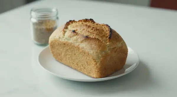 Chleb z mąki ryżowej, lekko przypieczony, na białym talerzyku. Obok słoiczek z ziarnami.