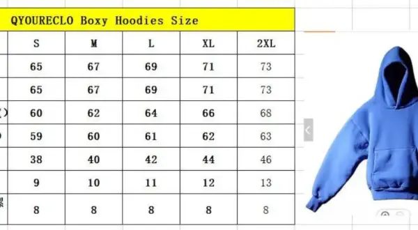Tabela rozmiarów QYOURECLO Boxy Hoodies. Sprawdź wymiary od S do 2XL, aby wybrać idealny rozmiar bluzy.