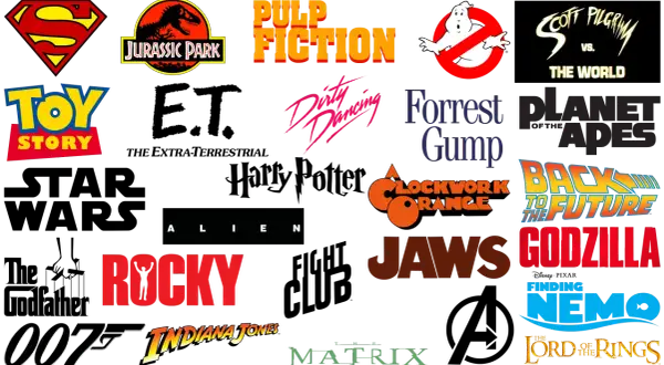 A collage of iconic movie logos, including Superman, Jurassic Park, Pulp Fiction, Ghostbusters, Scott Pilgrim vs. the World, Toy Story, Dirty Dancing, Forrest Gump, Planet of the Apes, A Clockwork Orange, Back to the Future, Alien, Rocky, Jaws, Godzill...