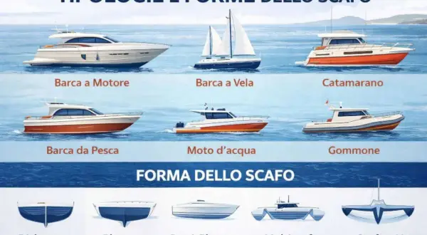 Illustrazione di diverse tipologie di barche e forme dello scafo: barca a motore, a vela, catamarano, da pesca, moto d'acqua, gommone, dislocante, planante, semi-planante, multiscafo e a V.
