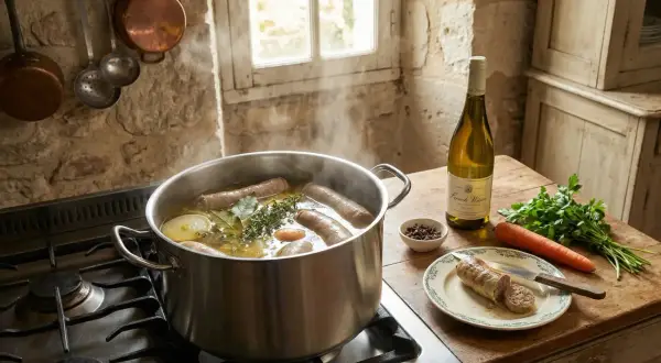 Une andouillette rotie, prête à être dégustée, mijote dans une cocotte avec des aromates. Une bouteille de vin blanc et des légumes complètent la scène.