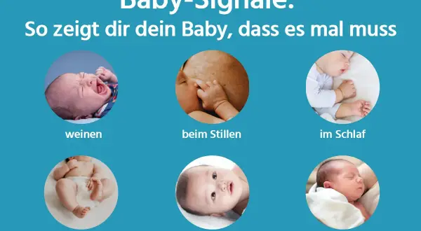 Baby-Signale: Ein Baby strampelt viel, weint, zeigt Mimik, schläft oder ist beim Stillen. So zeigt es, dass es mal muss.