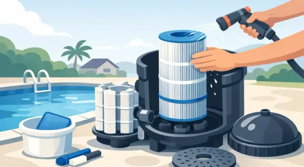 A person demonstrates how to clean a pool filter by spraying it with water. Pool, filter cartridges, brushes, and a cleaning bucket are visible.