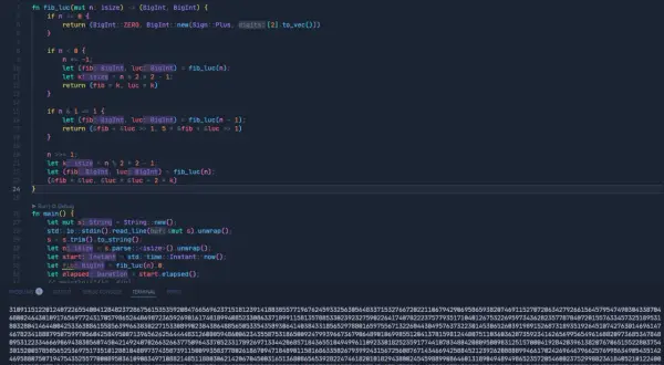 Code Rust implémentant la suite de Fibonacci avec `num_bigint`. Le code utilise une approche récursive pour calculer les nombres de Fibonacci.