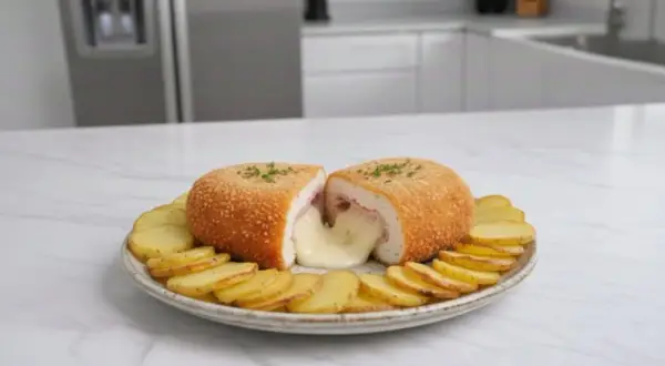 Un delicioso cordon bleu de pollo, cortado por la mitad, con queso fundido desbordándose, servido con patatas fritas en rodajas.