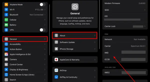 Sprawdzanie IMEI iPhone: Ustawienia > Ogólne > To urządzenie. Widoczny numer IMEI.