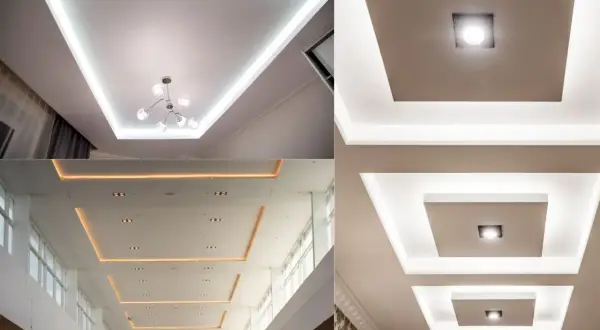 Nowoczesne sufity podwieszane z ukrytym paskiem LED, tworzące eleganckie oświetlenie.