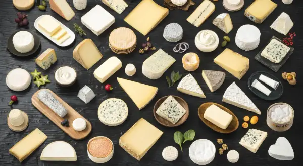 Un assortiment de fromages variés, évoquant la richesse de la région Salers, est présenté sur un fond sombre.