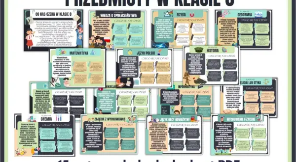 Przedmioty w 8 klasie: matematyka, fizyka, historia, geografia, język polski, chemia, biologia, informatyka, wychowanie fizyczne, religia/etyka, zajęcia z wychowawcą, język obcy.