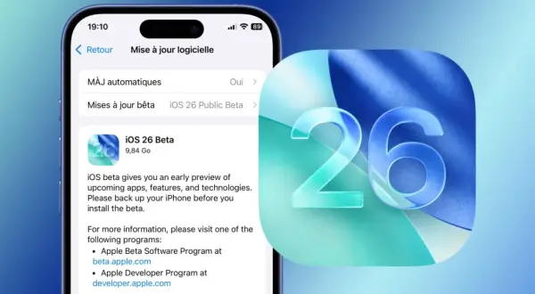 Ekran iPhone'a z opcją pobrania iOS 26 Beta. Obok duży znak "26" na niebieskim tle.