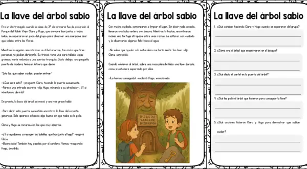 Fichas de comprensión lectora para imprimir: "La llave del árbol sabio". Clara y Hugo descubren un árbol mágico.