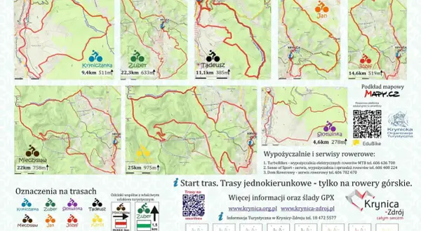Mapy krynickich tras rowerowych: Kryniczanka, Zuber, Słotwinka, Tadeusz, Mieczysław, Jan, Józef, Karol. Idealne dla miłośników MTB.