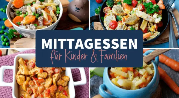 Vier leckere Gerichte, die sich perfekt für kinder rezepte eignen: Nudeln mit Hackfleisch, gebratene Wurst mit Gemüse, Hähnchen-Curry und Kartoffel-Karotten-Eintopf.