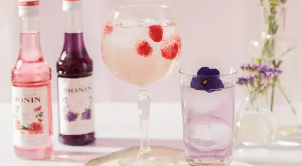 Dwa Monin syropy, malinowy drink w kielichu i fioletowy w szklance. Najprostsze drinki na lato.