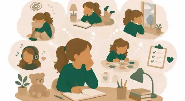 En flicka med adhd upplever olika tankar och känslor: oro, musik, läsning, pussel, en checklista och att titta ut genom fönstret.