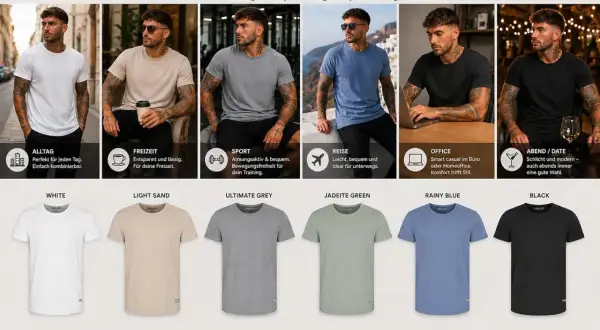 T-Shirts für jede Gelegenheit: ab wie viel Grad T-Shirt tragen? Diese vielseitigen Shirts sind perfekt für Alltag, Freizeit, Sport, Reisen, Büro und Abend.