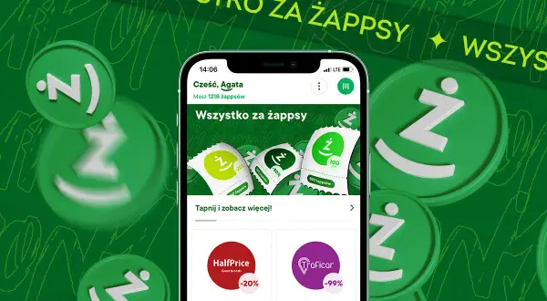 Grafika przedstawia smartfon z aplikacją Żappka, monety z logo Ż i promocje.