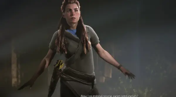 Aloy z Horizon Zero Dawn 3 z łukiem na plecach, pyta: "I co zrobiłaś reszcie, zanim odpłynęłam?".