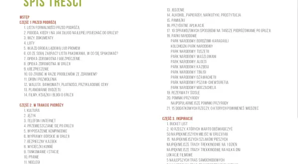 Spis treści przewodnika po Gruzji, zawiera informacje o tym, w jakim języku mówi się w Gruzji, kulturze, atrakcjach i praktycznych poradach.