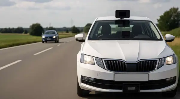 Voiture radar blanche sur la route, avec un autre véhicule au loin. L'appareil sur le toit mesure à quelle distance flash une voiture radar.