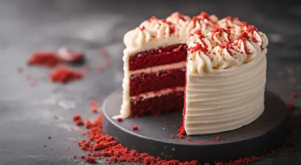 Una fetta di torta red velvet, con strati di pan di spagna rosso intenso e crema bianca, decorata con briciole rosse.