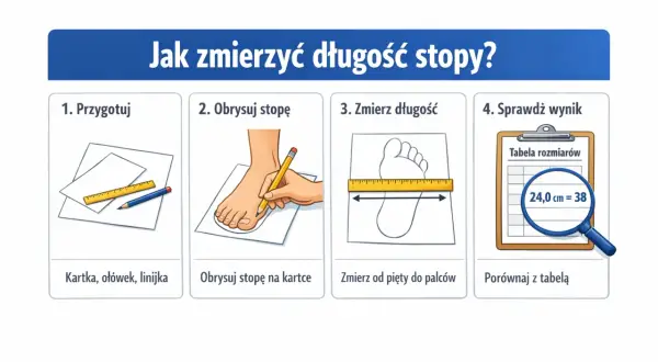 Ilustracja przedstawia 4 kroki mierzenia długości stopy: przygotowanie, obrys, pomiar i sprawdzenie wyniku w tabeli rozmiarów.