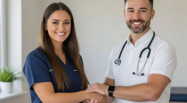 Un osteopata e un ortopedico si stringono la mano, sorridendo.