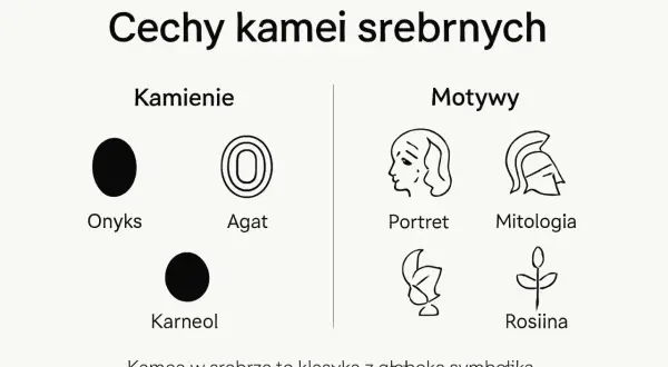 Ilustracja przedstawia kamienie (onyks, agat, karneol) i motywy (portret, mitologia, roślina) związane z kameami.