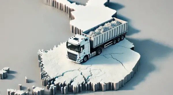 Biała ciężarówka z naczepą pełną materiału na tle mapy Finlandii. Odkrywamy sekrety transportu zwycięskich kul do studia losowań w Finlandii.