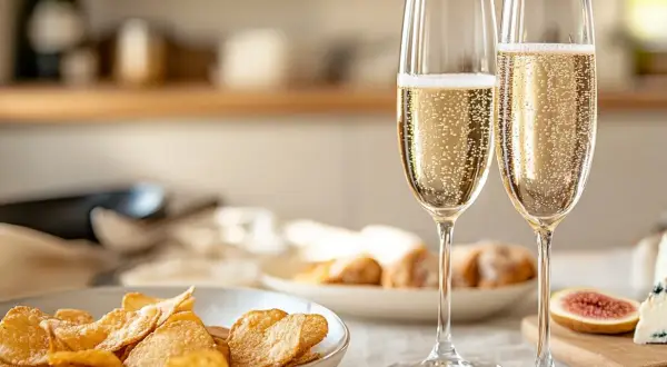 Två glas bubbel med krispiga potatischips och en bit ost. Perfekt tilltugg till bubbel för en festlig stund.