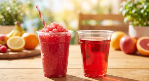 Zwei Becher mit erfrischenden Getränken, einer mit rotem Slush Eis selber machen, daneben ein Glas roter Saft. Obst im Hintergrund.