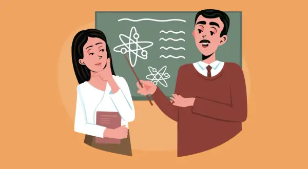 Maestro explica átomo a estudiante. Imágenes para describir la ciencia.
