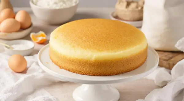 Un gâteau moelleux sur un présentoir blanc, entouré d'ingrédients pour une recette de gâteau : œufs, sucre, farine.