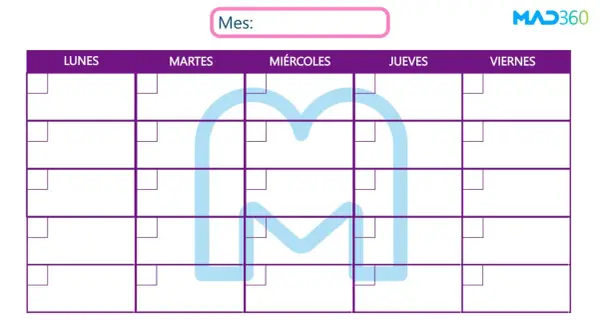 Un calendario de estudio con los días de la semana (Lunes a Viernes) y filas para organizar tareas. Ideal para planificar tu mes.