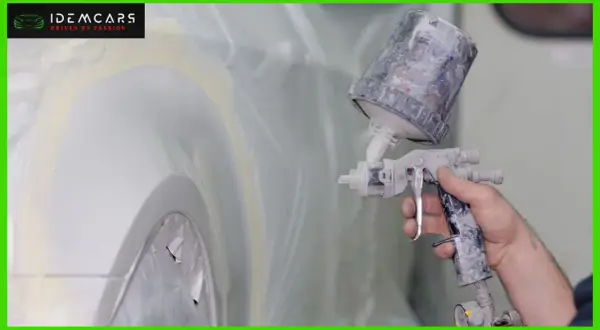 Mano che tiene una pistola a spruzzo per verniciare auto su vernice esistente, con la carrozzeria protetta da teli.