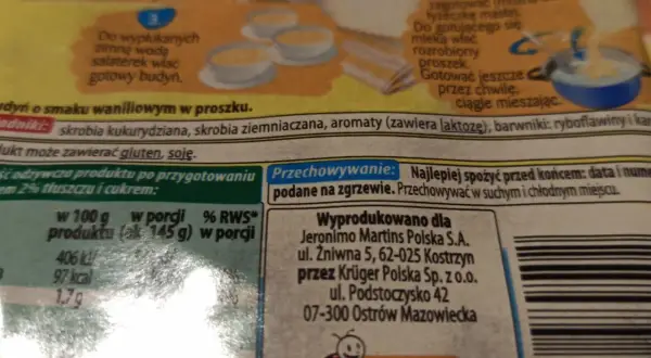 Budyń waniliowy w proszku. Porcja 145g ma 97 kcal. Idealny deser, gdy liczymy budyń kcal.