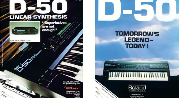 Reklama syntezatora Roland D-50, z klawiaturą i panelem sterowania. Obok wersja rack.