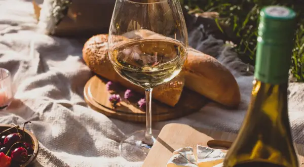Un bicchiere di vino bianco, pane, formaggio e ciliegie su una coperta da picnic. Le caratteristiche del sangiovese vino sono perfette per un picnic.